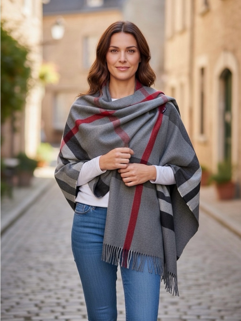 Striped Gray and Red Fringe Shawl